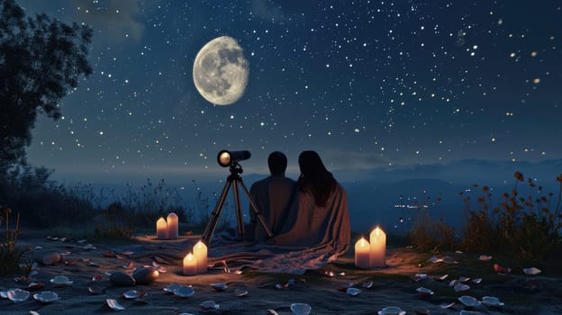 young couple looking out to romantic night sky in valentines day pragma