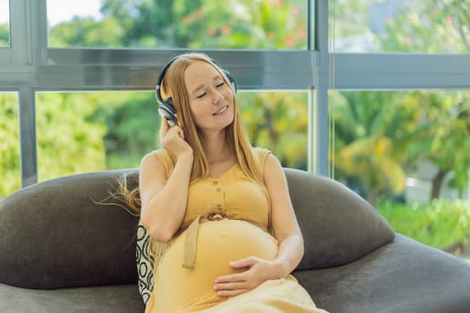 Expectant mom finds joy in her pregnancy, listening to soothing music for a serene and harmonious connection with her unborn baby.