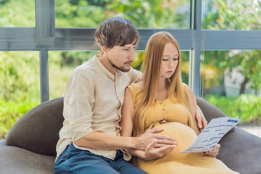 Expectant couple reviews blood test results, navigating pregnancy together with concern and anticipation.