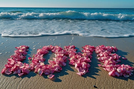 romantic beach of love rose petals on the coastline wide view pragma