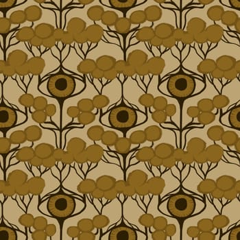 Hand drawn seamless pattern with surreal surrealism trees eyes. Art deco art nouveau elegant beige brown forest print, abstract elegant decorative background, branches golden 20s 30s art