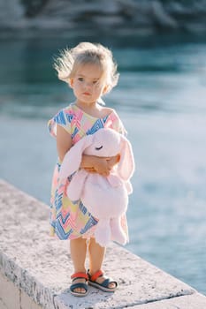 Little girl stands on a stone fence with a plush hare in her hands and looks away. High quality photo