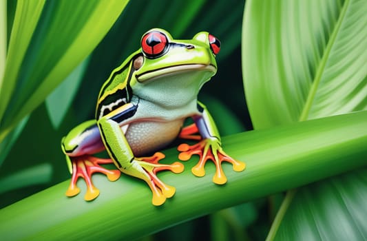 A tropical little green frog with red eyes sits on a branch of a tropical plant with its natural habitat.