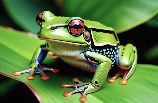 A tropical little green frog with red eyes sits on a branch of a tropical plant with its natural habitat.