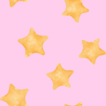 seamless watercolor pattern depicting a celestial night sky with bright yellow stars. Ideal for adorning children's rooms, textiles, baby apparel, notebooks, pens, stationery, strollers, and diapers