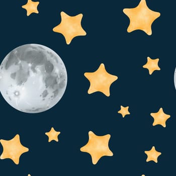 Watercolor seamless pattern of a starry night sky. Yellow stars and a detailed gray moon. Cosmic theme for kids. Ideal for decorating children's rooms, textiles, baby apparel, and notebooks.