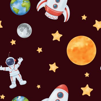 Watercolor seamless pattern of a starry sky. Yellow stars, planet Earth, an astronaut, rocket, moon, and sun. Cosmic theme for kids. for wallpapers, children's rooms, textiles, baby apparel, textbooks.