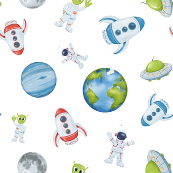 Cosmos seamless pattern. Rocket. Cheerful astronaut. UFO. Person in a spacesuit. Planet. Earth Moon Mercury. Watercolor isolated objects. Cartoon style. For prints, children, invitations, and cards.