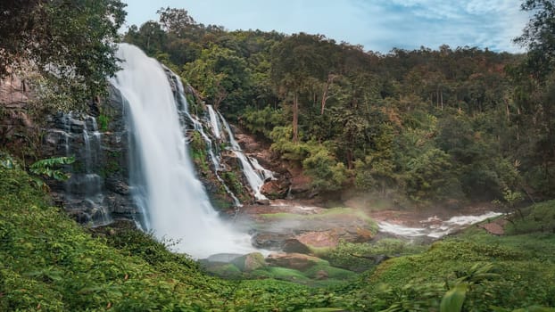 Majestic Wachirathan Waterfall in Doi Inthanon National Park, Chiang Mai, Thailand. Panorama