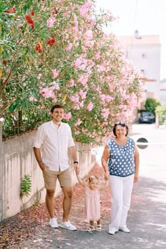 Smiling dad and grandma stand holding hands little girl near pink blooming oleander on the road. High quality photo