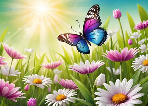 Colorful butterfly on daisy flowers with green grass and blue sky.Colorful daisies and butterfly on the background of the summer landscape.Spring meadow with daisies and butterfly. Vector illustration.Nature background.