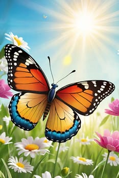 Colorful butterfly on daisy flowers with green grass and blue sky.Colorful daisies and butterfly on the background of the summer landscape.Spring meadow with daisies and butterfly. Vector illustration.Nature background.