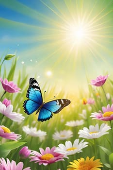 Colorful butterfly on daisy flowers with green grass and blue sky.Colorful daisies and butterfly on the background of the summer landscape.Spring meadow with daisies and butterfly. Vector illustration.Nature background.