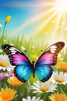 Colorful butterfly on daisy flowers with green grass and blue sky.Colorful daisies and butterfly on the background of the summer landscape.Spring meadow with daisies and butterfly. Vector illustration.Nature background.