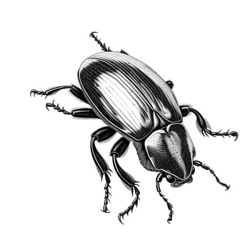 Vintage Insect Sketch: Black & White Engraved Illustration of a BeetlÐµ, an Antique Bug from the 19th Century, Symbolizing Zoology and entomology, on a White Background