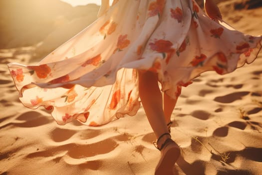 Serene Summer Stroll: A Tranquil Beach Walk of a Young Woman at Sunset, Embracing the Beauty of Nature