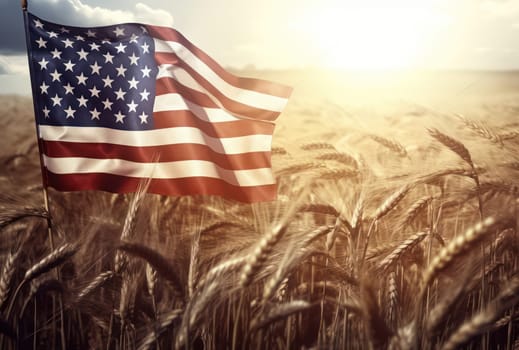 American Summer: A Patriotic Girl Holding the Flag of the United States in a Golden Wheat Field, basking in the Sun's Warmth and Embracing the Spirit of Freedom and Independence.