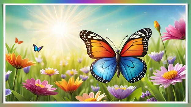 Colorful butterfly on daisy flowers with green grass and blue sky.Colorful daisies and butterfly on the background of the summer landscape.Spring meadow with daisies and butterfly. Vector illustration.Nature background.