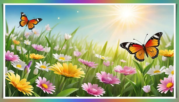 Colorful butterfly on daisy flowers with green grass and blue sky.Colorful daisies and butterfly on the background of the summer landscape.Spring meadow with daisies and butterfly. Vector illustration.Nature background.