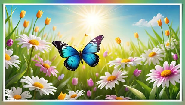 Colorful butterfly on daisy flowers with green grass and blue sky.Colorful daisies and butterfly on the background of the summer landscape.Spring meadow with daisies and butterfly. Vector illustration.Nature background.