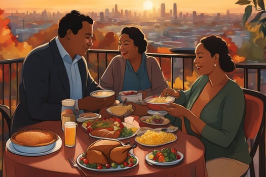 loving family enjoy thanksgiving lunch at the table illustration generative ai art