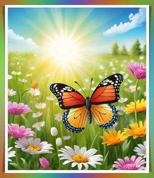 Colorful butterfly on daisy flowers with green grass and blue sky.Colorful daisies and butterfly on the background of the summer landscape.Spring meadow with daisies and butterfly. Vector illustration.Nature background.