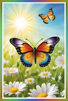 Colorful butterfly on daisy flowers with green grass and blue sky.Colorful daisies and butterfly on the background of the summer landscape.Spring meadow with daisies and butterfly. Vector illustration.Nature background.