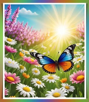 Colorful butterfly on daisy flowers with green grass and blue sky.Colorful daisies and butterfly on the background of the summer landscape.Spring meadow with daisies and butterfly. Vector illustration.Nature background.