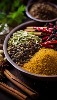   Colorful background of various herbs and spices for cooking in bowls, Spices - Seasonings, Food   India, Indian culture, Raw materials for banner design , Generate AI