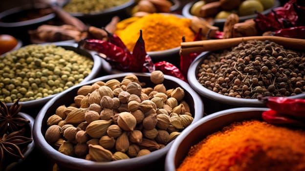   Colorful background of various herbs and spices for cooking in bowls, Spices - Seasonings, Food   India, Indian culture, Raw materials for banner design , Generate AI