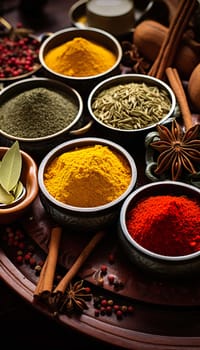   Colorful background of various herbs and spices for cooking in bowls, Spices - Seasonings, Food   India, Indian culture, Raw materials for banner design , Generate AI