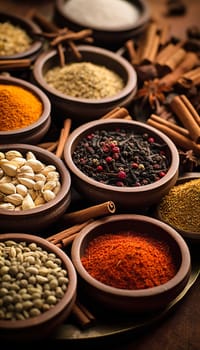   Colorful background of various herbs and spices for cooking in bowls, Spices - Seasonings, Food   India, Indian culture, Raw materials for banner design , Generate AI