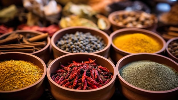   Colorful background of various herbs and spices for cooking in bowls, Spices - Seasonings, Food   India, Indian culture, Raw materials for banner design , Generate AI