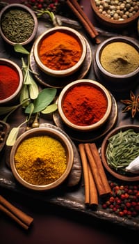   Colorful background of various herbs and spices for cooking in bowls, Spices - Seasonings, Food   India, Indian culture, Raw materials for banner design , Generate AI