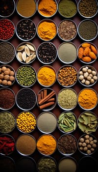   Colorful background of various herbs and spices for cooking in bowls, Spices - Seasonings, Food   India, Indian culture, Raw materials for banner design , Generate AI