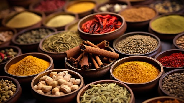   Colorful background of various herbs and spices for cooking in bowls, Spices - Seasonings, Food   India, Indian culture, Raw materials for banner design , Generate AI