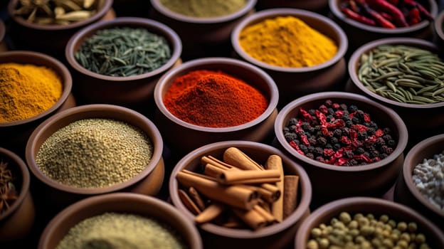   Colorful background of various herbs and spices for cooking in bowls, Spices - Seasonings, Food   India, Indian culture, Raw materials for banner design , Generate AI