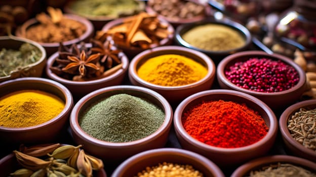   Colorful background of various herbs and spices for cooking in bowls, Spices - Seasonings, Food   India, Indian culture, Raw materials for banner design , Generate AI