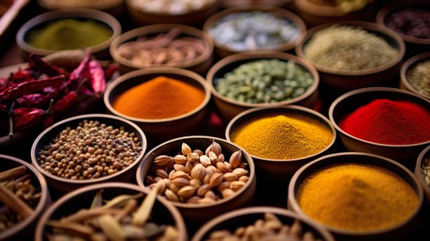   Colorful background of various herbs and spices for cooking in bowls, Spices - Seasonings, Food   India, Indian culture, Raw materials for banner design , Generate AI