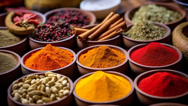   Colorful background of various herbs and spices for cooking in bowls, Spices - Seasonings, Food   India, Indian culture, Raw materials for banner design , Generate AI