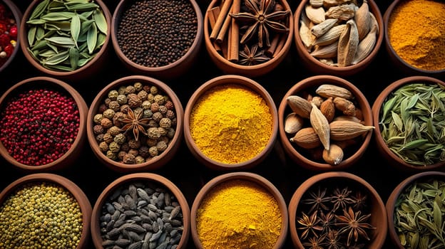   Colorful background of various herbs and spices for cooking in bowls, Spices - Seasonings, Food   India, Indian culture, Raw materials for banner design , Generate AI