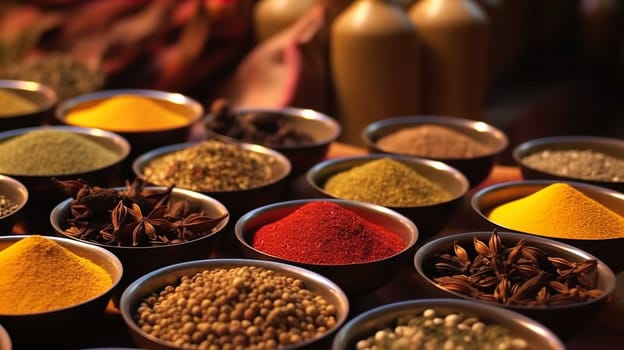   Colorful background of various herbs and spices for cooking in bowls, Spices - Seasonings, Food   India, Indian culture, Raw materials for banner design , Generate AI