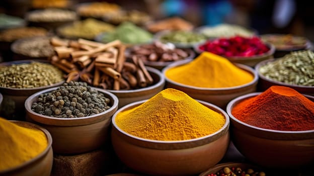   Colorful background of various herbs and spices for cooking in bowls, Spices - Seasonings, Food   India, Indian culture, Raw materials for banner design , Generate AI