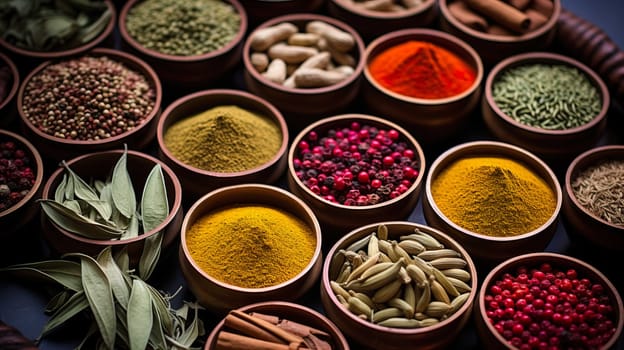   Colorful background of various herbs and spices for cooking in bowls, Spices - Seasonings, Food   India, Indian culture, Raw materials for banner design , Generate AI