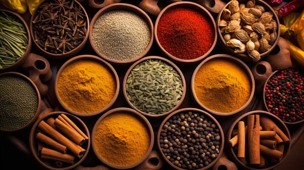   Colorful background of various herbs and spices for cooking in bowls, Spices - Seasonings, Food   India, Indian culture, Raw materials for banner design , Generate AI