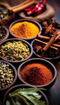   Colorful background of various herbs and spices for cooking in bowls, Spices - Seasonings, Food   India, Indian culture, Raw materials for banner design , Generate AI