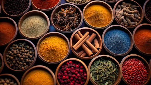   Colorful background of various herbs and spices for cooking in bowls, Spices - Seasonings, Food   India, Indian culture, Raw materials for banner design , Generate AI