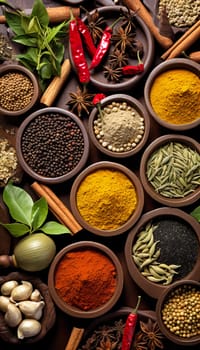   Colorful background of various herbs and spices for cooking in bowls, Spices - Seasonings, Food   India, Indian culture, Raw materials for banner design , Generate AI