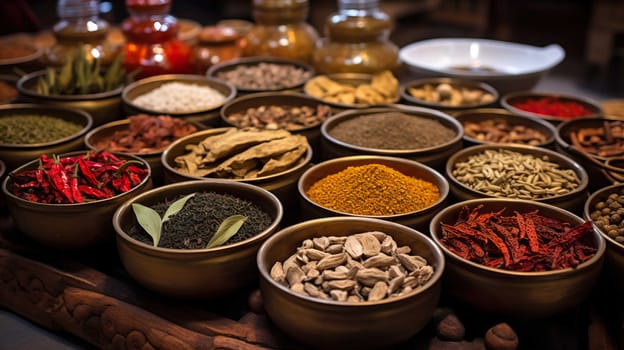   Colorful background of various herbs and spices for cooking in bowls, Spices - Seasonings, Food   India, Indian culture, Raw materials for banner design , Generate AI