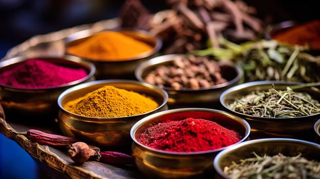   Colorful background of various herbs and spices for cooking in bowls, Spices - Seasonings, Food   India, Indian culture, Raw materials for banner design , Generate AI